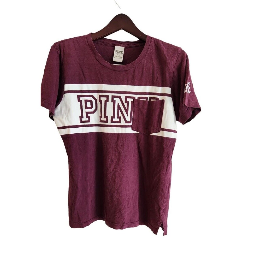 Pink Victoria's Secret T-Shirt Women's Size XS Burgundy/White Cotton Round Neck‎
